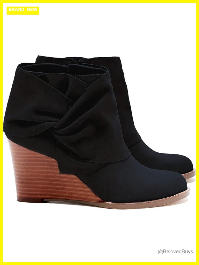 Faux Suede Wedge Booties Ankle Heel Bow Knot Side Zipper Stacked Heel